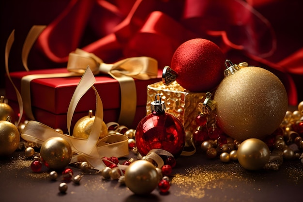 Christmas decorations on a table with a red background