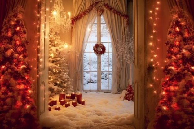 Christmas decorations in a window with a tree in the corner