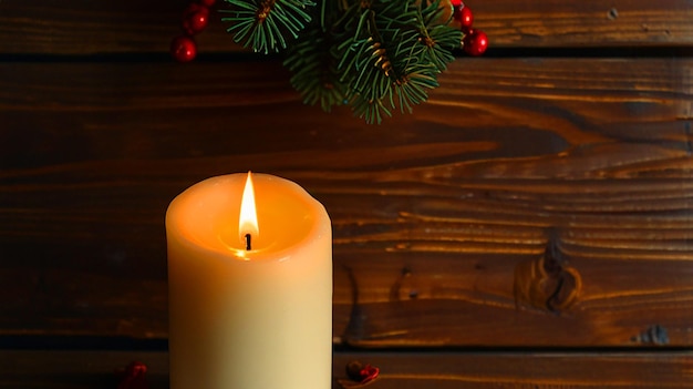 Christmas decorations with burning candles on wooden table hd image