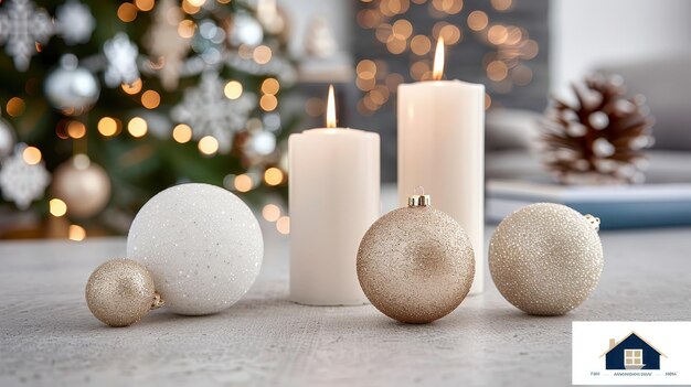 Christmas Decorations with Candles and Baubles on a Table