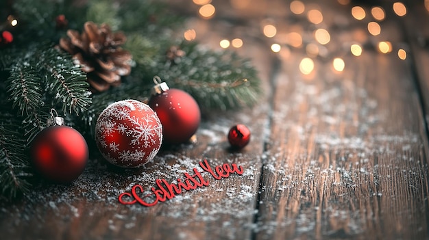 Christmas Decorations with Fir Tree Branch on Wooden Background