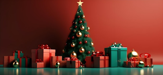 Christmas decorations with gift box on green background copy space generative ai