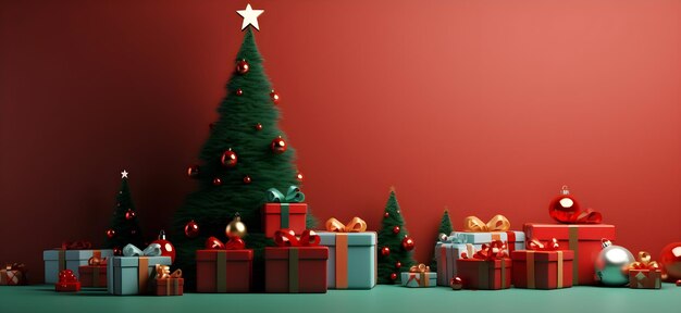 Christmas decorations with gift box on green background copy space generative ai