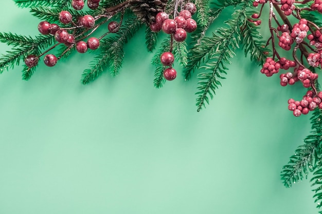 Christmas decorations with red berries and fir branches on a beautiful mint background.