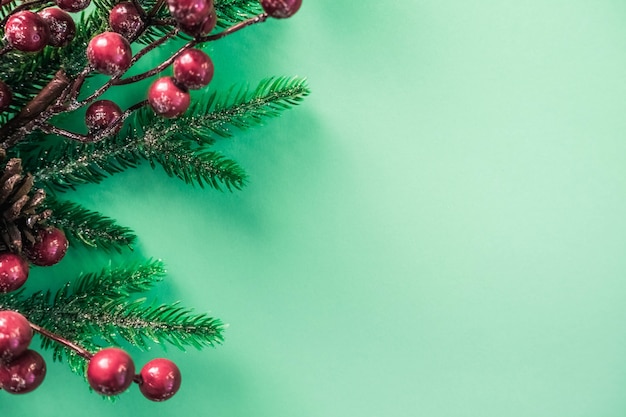 Christmas decorations with red berries and fir branches on a beautiful mint background.