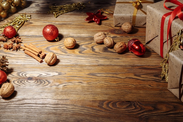 Christmas decorations on wooden background