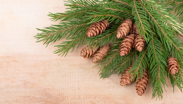 Christmas decorative rustic frame with spruce twigs and cones on dark wooden background, copyspace for your text