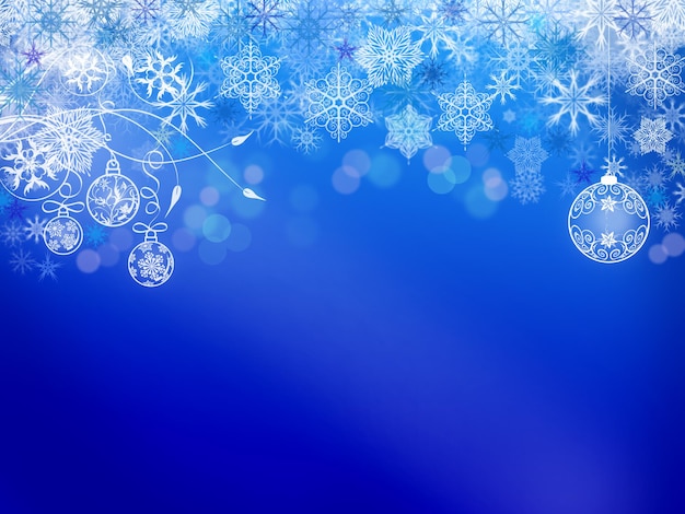 Christmas deep blue background with balls, snowflakes and defocused lights