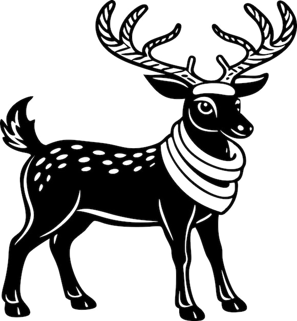 Christmas deer in a Santa hat and scarf black silhouette illustration