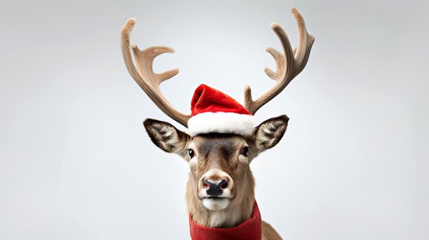 Christmas deer with red santa hat studio partrait Christmas and New Year concept