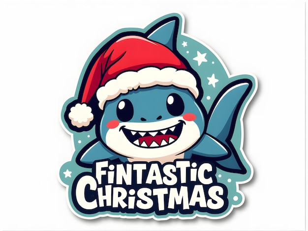 Photo christmas design kawaii shark in santa hat with fintastic christmas phrase on white background