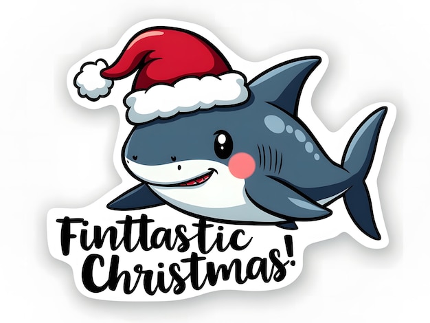 Photo christmas design kawaii shark in santa hat with fintastic christmas phrase on white background