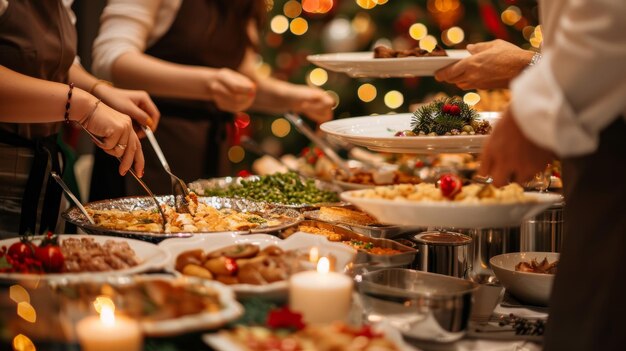 Photo christmas dinner buffet with guests enjoying a variety of festive holiday dishes