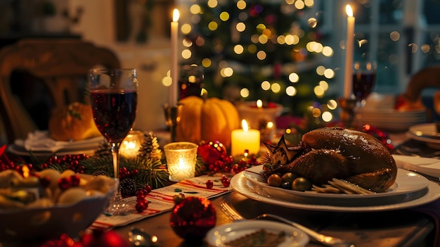 Christmas Dinner Table Setting With Roasted Turkey Candles and Wine Glass Realistic Image