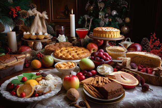 Christmas dinner table with desserts fruits and other holiday treats created with generative ai