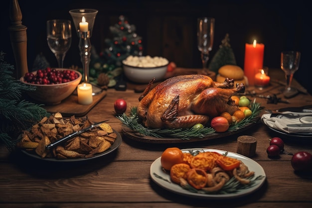 Christmas dinner with turkey and all the trimmings on rustic wooden table created with generative ai