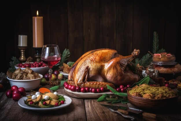 Christmas dinner with turkey and all the trimmings on rustic wooden table created with generative ai