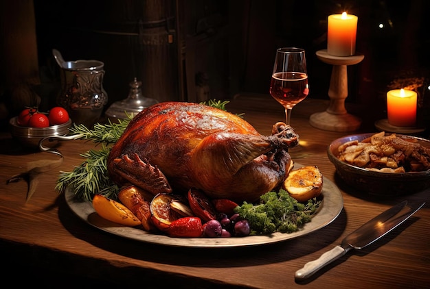 christmas dinner on wooden table with roasted duck resolution