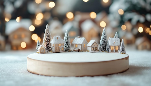 a christmas display of houses and trees with a white circle around the top