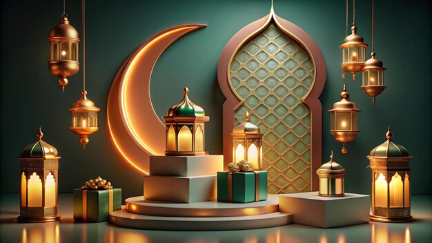 Photo a christmas display of lanterns and a mosque with a crescent moon in the background