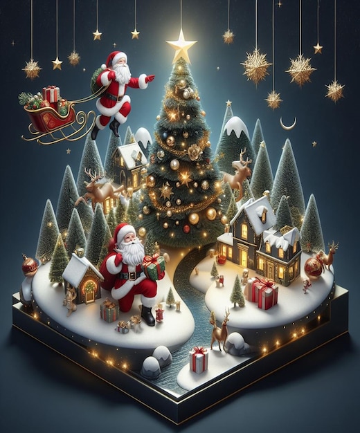 a christmas display with a christmas tree and santa claus on it