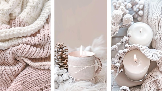 Photo a christmas display with a cup of coffee and a mug of pine cones