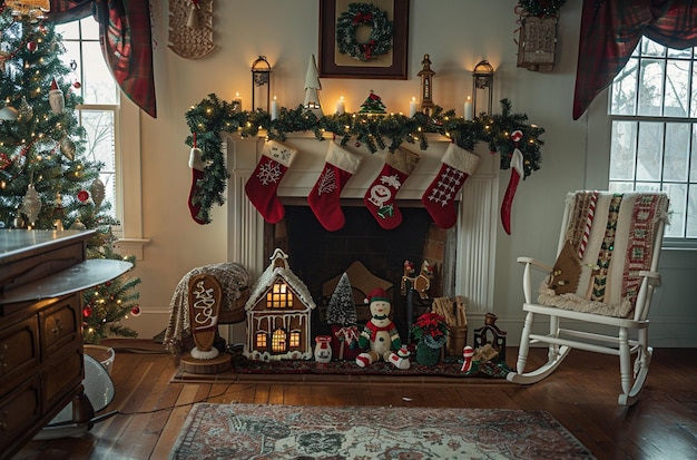 a christmas display with a house on the mantle