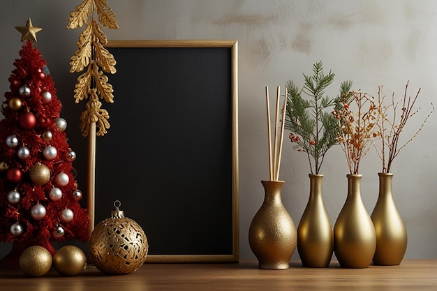 Photo a christmas display with a picture of a girl in a red dress and gold ornaments