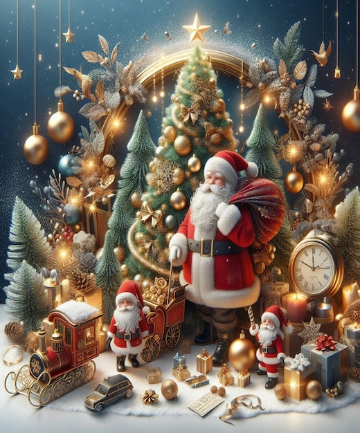 a christmas display with santa claus and a christmas tree