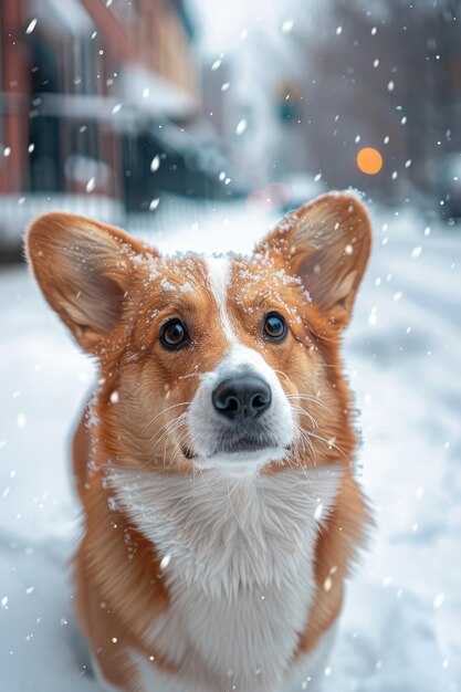 Photo christmas dog portrait in the snow winter landscape background