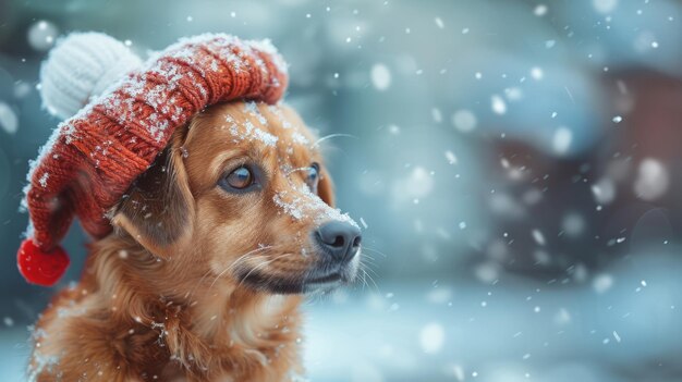 Photo christmas dog portrait in the snow winter landscape background