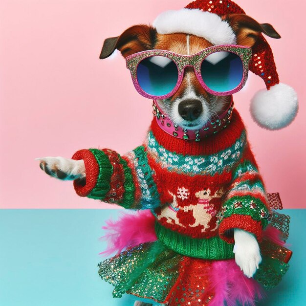 Christmas Dog wearing colorful clothes and sunglasses dancing on the pastel background