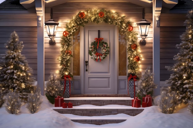 Christmas door outside at night Xmas cozy decor Generate Ai