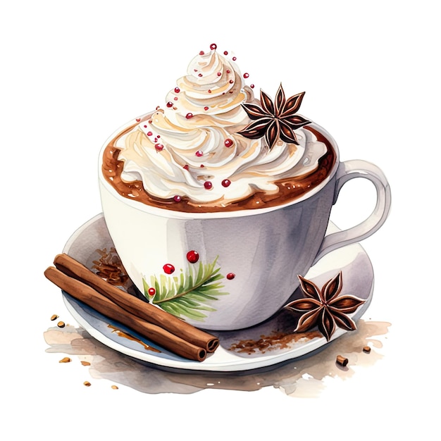 Christmas drink hot chocolate watercolor illustration on white background