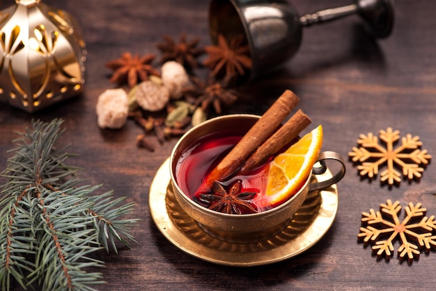 Christmas drink mulled wine with spices and spicy