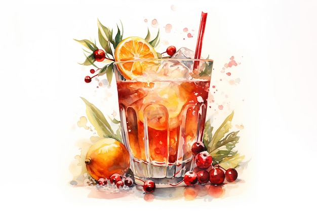 Christmas drinks collection Christmas cocktail Drinks decor with berries slice orange Watercolor