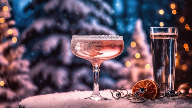 Christmas drinks martini cocktail on the background of garland and decorated Christmas tree