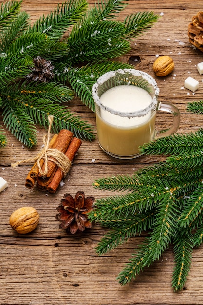 Christmas eggnog liqueur or cola de mono cocktail. Classical winter drink in glass mug, xmas decorations. Evergreen branches, cinnamon, walnuts, sugar.