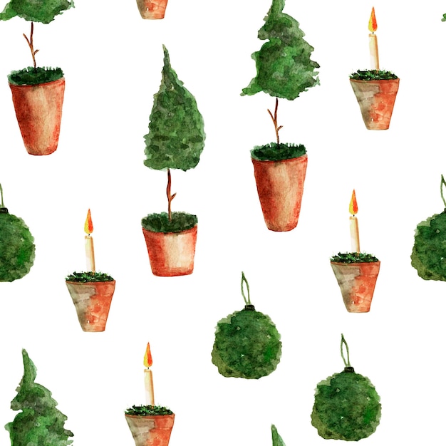 Christmas elements with moss and spruce watercolor seamless pattern