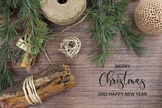 Christmas elements on wooden background