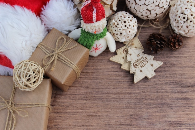 Christmas elements on wooden background