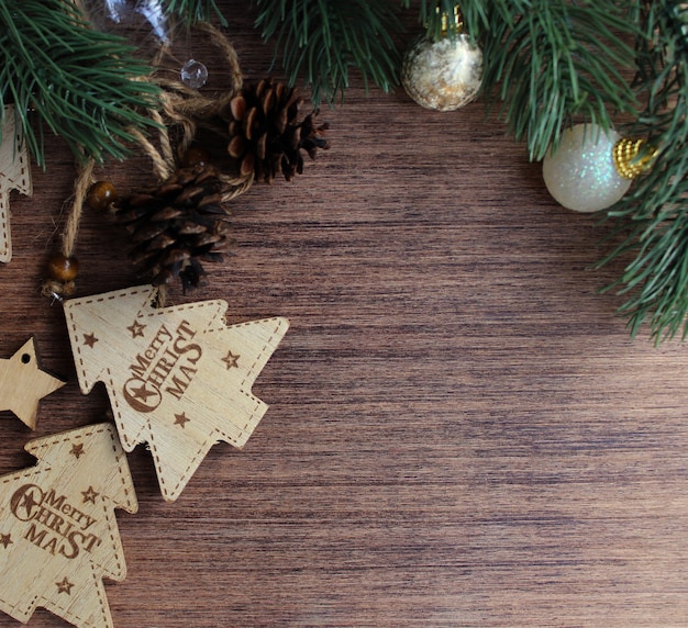 Christmas elements on wooden background