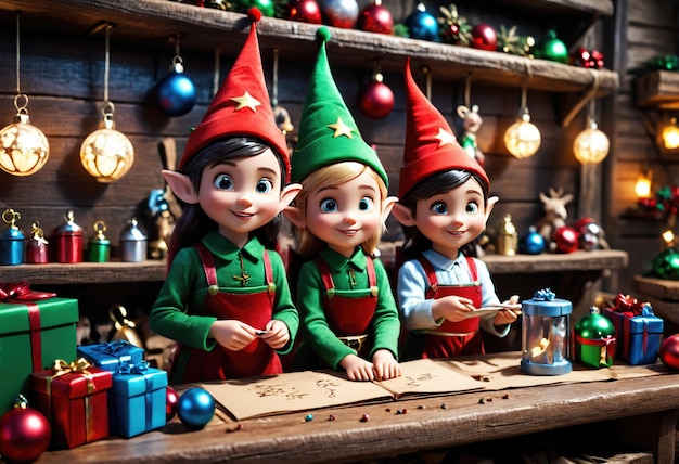 Photo christmas elves in santa modern toy workshop generative ai