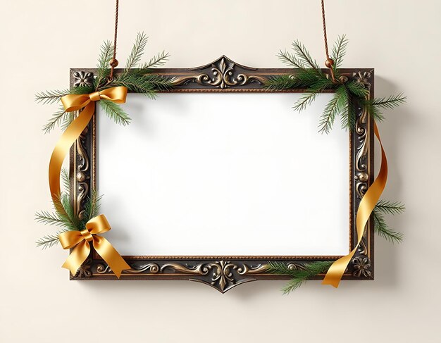 Photo christmas embossed metal frame adorned along the frame with cedar branches and gold ribbon vintage