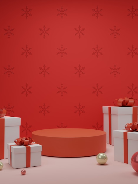 Christmas empty podium. New year's day with giftbox wall.