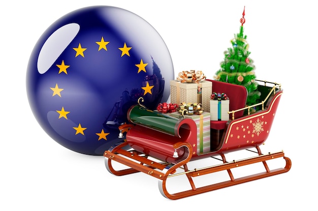 Christmas in the European Union concept Christmas Santa sleigh full of gifts with the EU flag 3D rendering