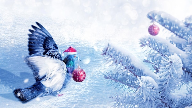 Christmas fabulous image A dove in a santa claus hat decorates a Christmas tree in a winter magic forest New Year card Winter wonderland