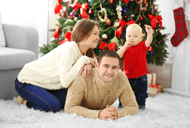 Christmas family portrait in home holiday living room