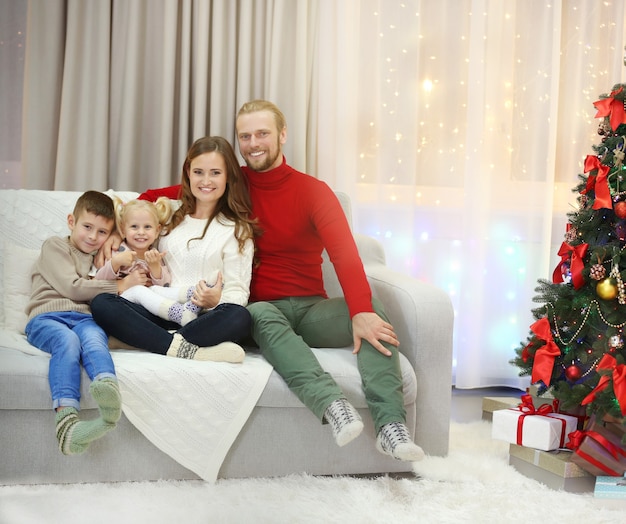 Christmas family portrait in home holiday living room