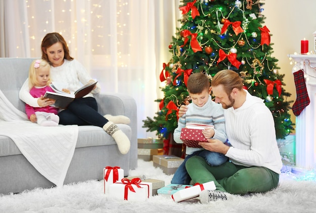 Christmas family portrait in home holiday living room